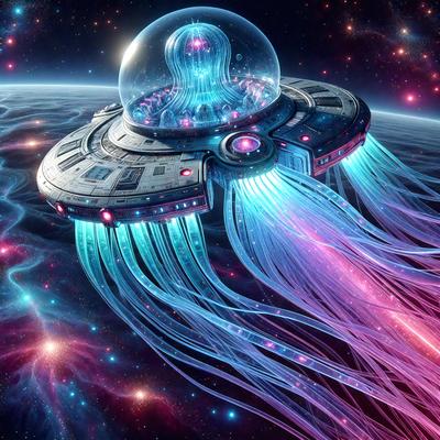 The primary subject of the image is a futuristic spacecraft, which appears to be a large, blue, and pink spaceship with a glass dome on top. The spaceship is floating in a dark, star-filled sky. The setting is a space environment, with the spaceship being the main focus of the image. The visual style is digital art, as the spaceship is depicted in a detailed and intricate manner. The colors and mood of the image are predominantly dark and mysterious, with the